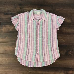 Women's Whimsical Pastel Striped Button Up Blouse Size Medium Short Puff Sleeve